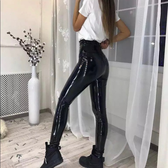 Women Black PU Leather High Waist Legging - Picture 2 of 10